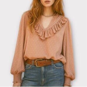 Rachel Zoe Peach Ruffle Dot-Texture Blouse